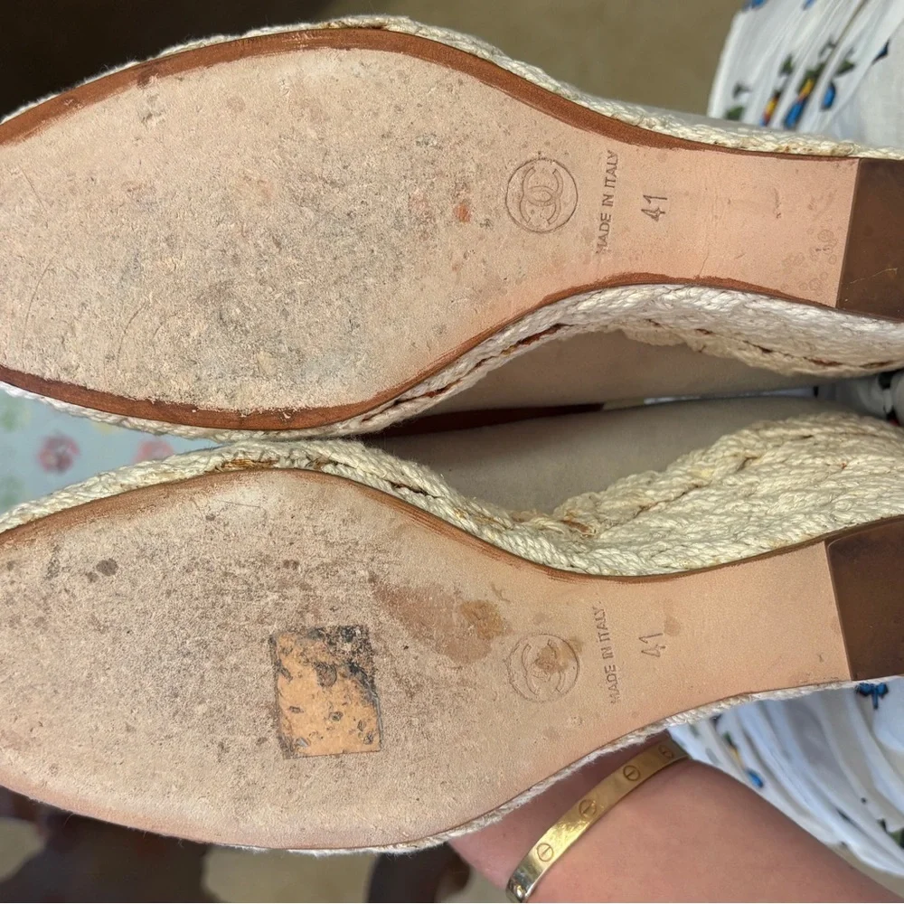 Chanel Two-Tone Espadrille Wedge Pumps in Cream and Black